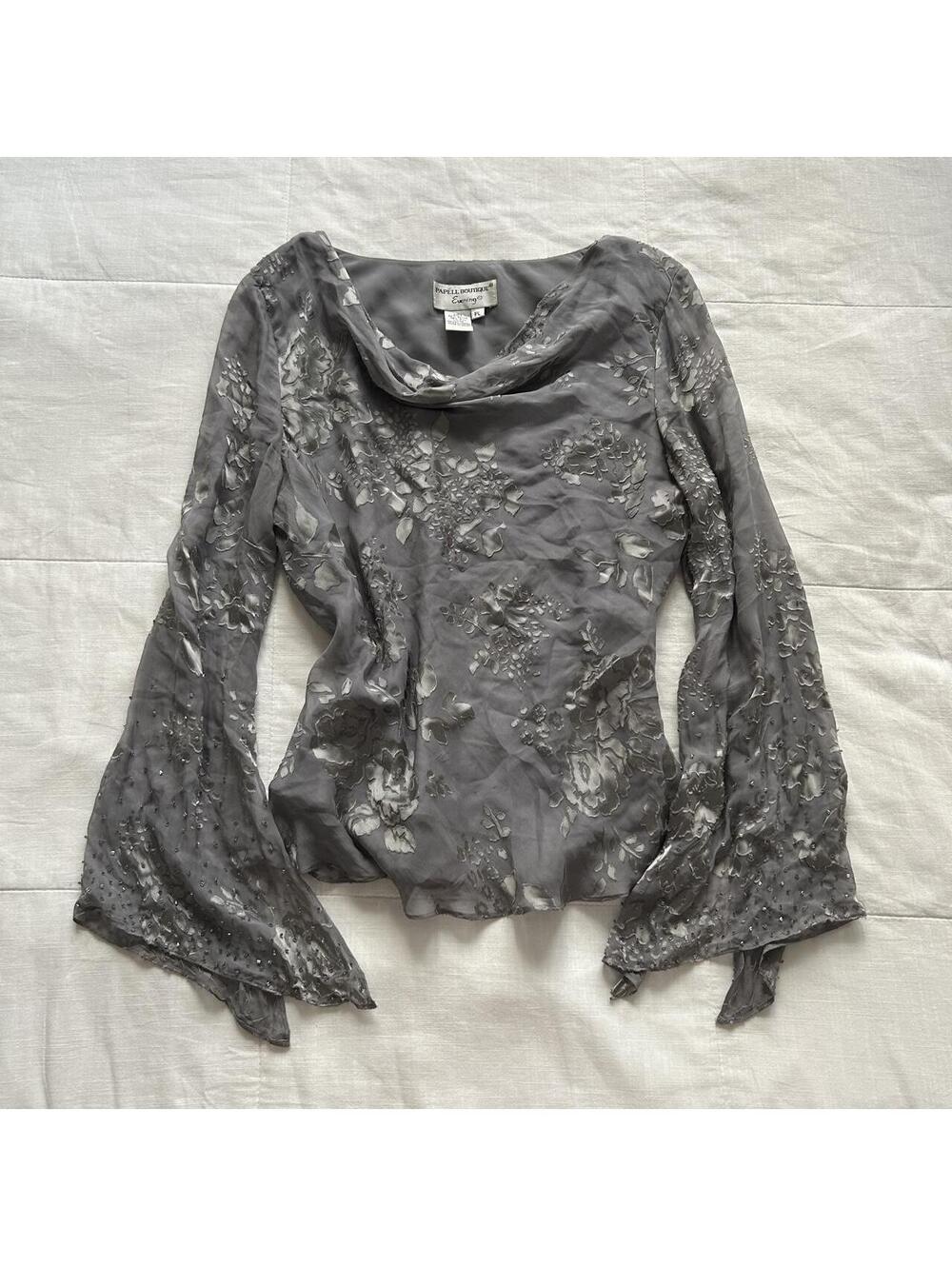 Papell Boutique Gray Silk Burnout Velvet Beaded Bell Sleeve Blouse PL